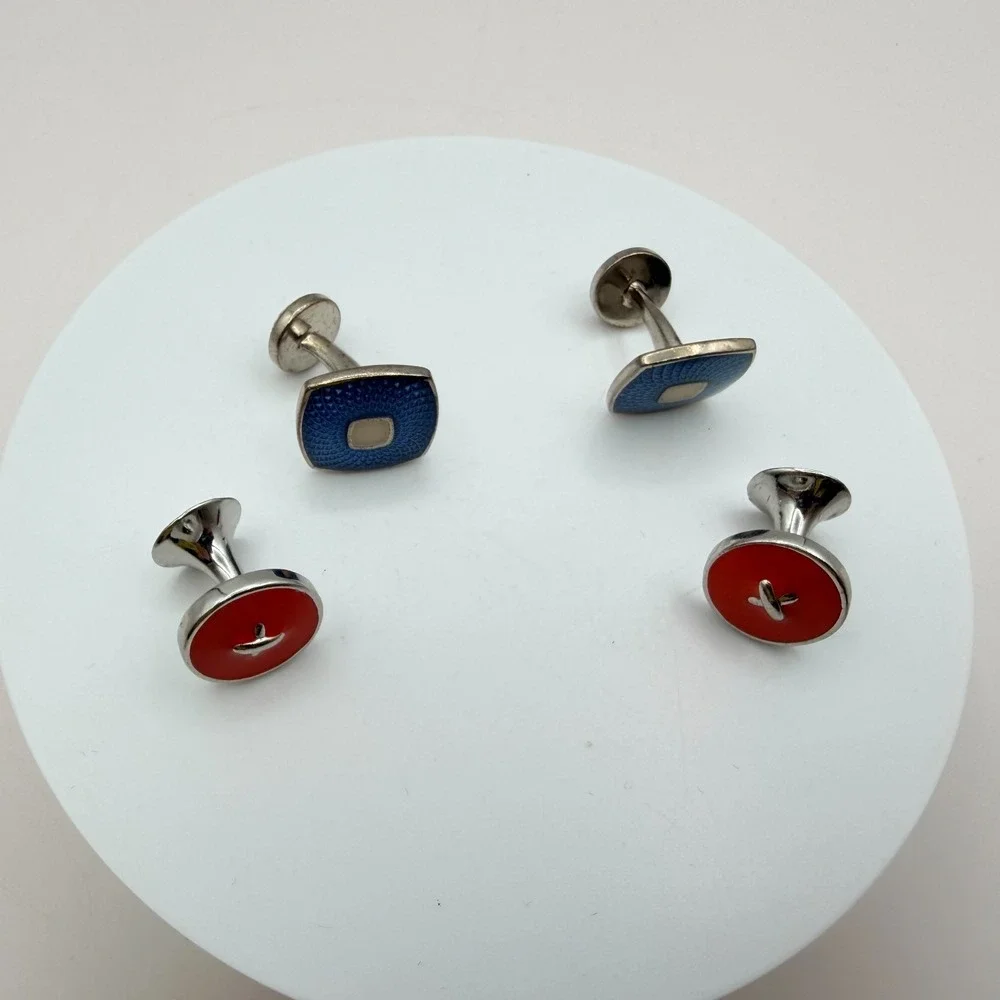 Vintage 90s Silver Tone Men Cufflink Stud Set Blue Red Enamel Jewelry
